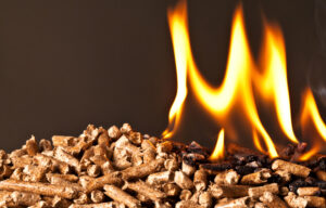 A close up image of wood pellets burning.